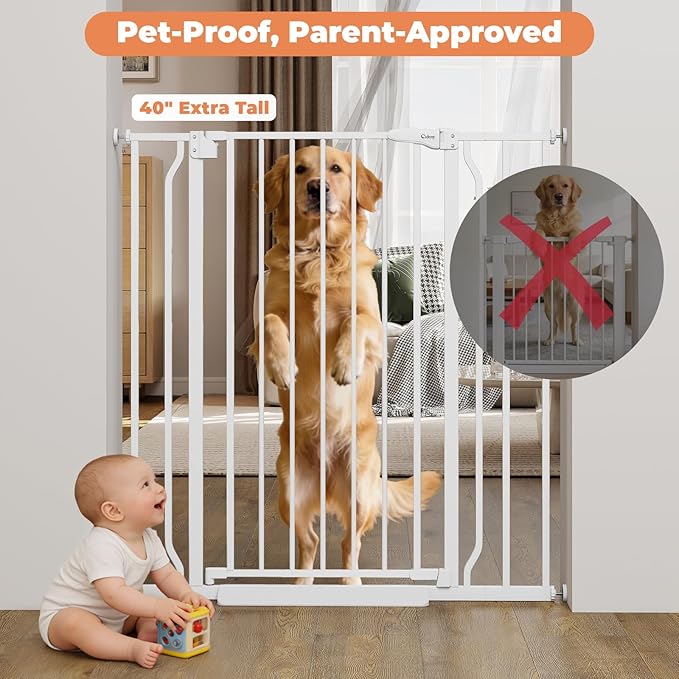 40" Extra Tall Baby Gate for Stairs, Auto Close Stroller Friendly Dog Gate Indoor for Doorways, Pressure Mounted 29"-40" Wide Baby Gate, Easy Walk Through Gate for Children & Pets, White