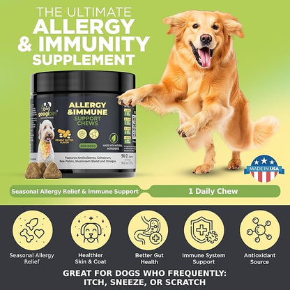 Googipet Dog Allergy Chews, Seasonal Dog Allergy Relief & Itchy Skin Relief, Skin & Coat Supplement Colostrum, Coconut Oil, Omega 3 Fish Oil, & Bee Pollen for Dogs Itch Relief (Peanut Butter Flavor)