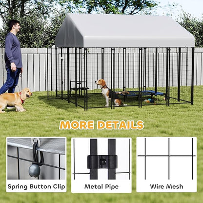 PawHut Outdoor Dog Kennel with Roof, 8' x 8' x 6' Heavy Duty Welded Wire Dog Playpen Enclosure with Escape-Proof Lock, UV-Resistant & Waterproof Cover, for Large Dogs, Chickens, Ducks, Silver