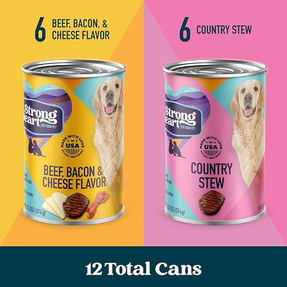 A Strong Heart Wet Dog Food Variety Pack, Beef Bacon & Cheese Dinner & Country Stew, Made with Real Beef, Made in The USA, 13.2 oz Can (Pack of 12)