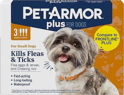 PetArmor Plus Flea and Tick Prevention for Dogs, Small Dog Flea and Tick Treatment, 3 Doses, Waterproof Topical, Fast Acting (5-22 lbs)