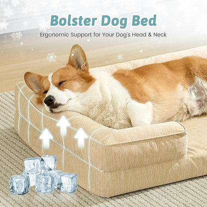 Cooling Dog Bed for Medium Small Size Dogs, Q-Max >0.4 Summer Cool Pet Bed, Orthopedic Foam Dog Sofa with Sides, Bolster Anti-Slip Couch with Washable Removable Cover, M 30x20x6 inch, Beige