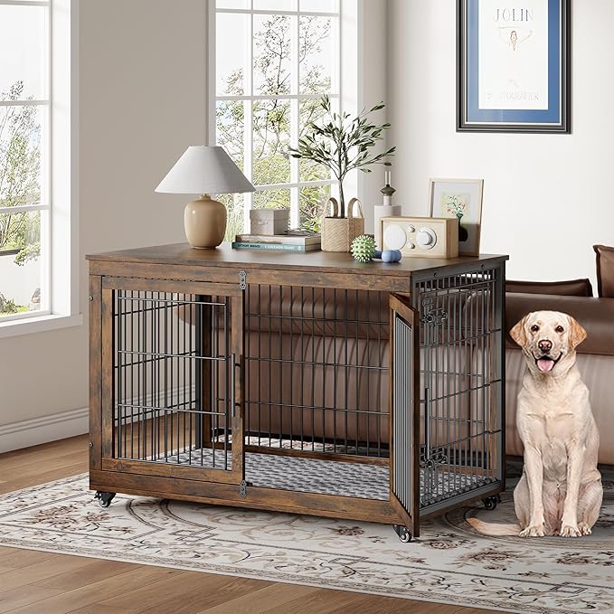 YaFiti Dog Crate Furniture with Cushion, Wooden Dog Kennel Indoor with Double Doors, Dog Cage with Wheels, Dog House Side End Table for Large Dogs up to 85 lb, 44" L, Rustic Brown