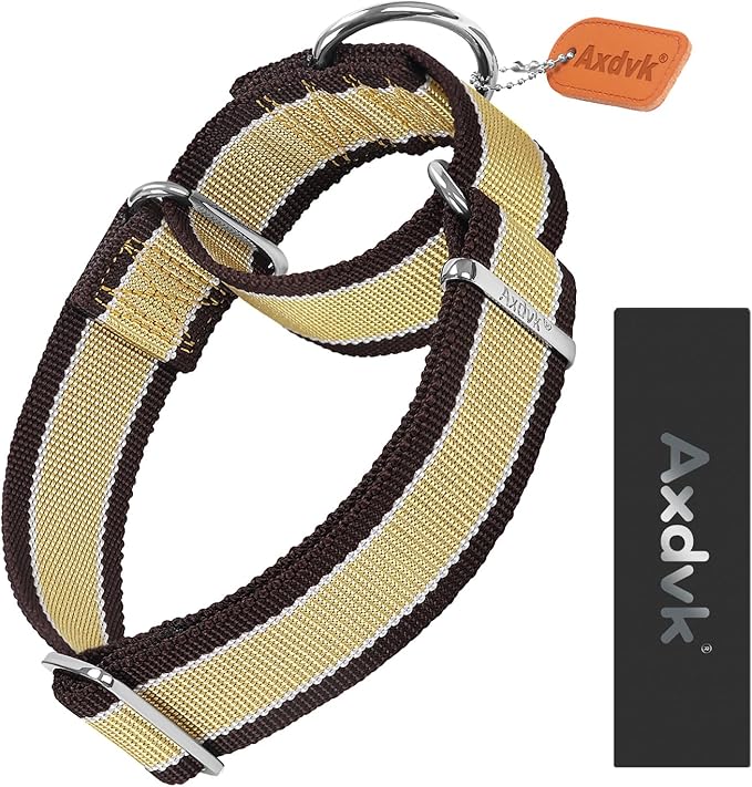 Martingale Collar 1.5 Inch Wide 1600D Extra Strong Anti Escape Nylon Dog Collar, No Pull Heavy Duty Pet Collars with 3-Color Stripe for Medium to Large Dogs (L, Khaki & Dark Brown)