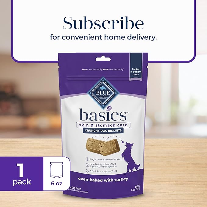 Blue Buffalo Basics Dog Biscuits, Skin & Stomach Care Crunchy Dog Treats, Turkey Recipe, 6-oz Bag
