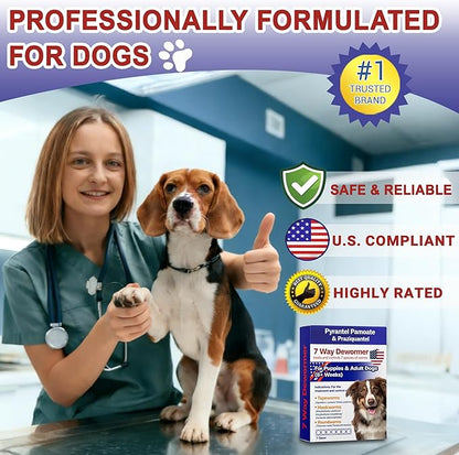 7 Way Dog Dewormer for Dogs, Pyrantel Pamoate & Praziquantel for All Wormers, Tapeworms, Hookworms, Roundworms & More