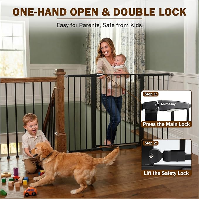 Mumeasy 36" Extra Tall Baby Gate for Doorways, 29.7"-57" Extra Wide Dog Gate for Stairs, Pressure Mounted Auto Close Pet Safety Gate with Easy Walk Thru Door, Large Indoor Child Gate for House, Black