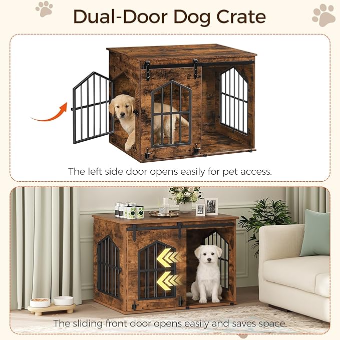 MAHANCRIS Dog Crate Furniture, 31.5" Farmhouse Dog Kennel with Sliding Barn Door, Wooden Dog Cage for Small Medium Dogs, Decorative Pet House Side End Table, Chew-Resistant, Rustic Brown DCHR9601