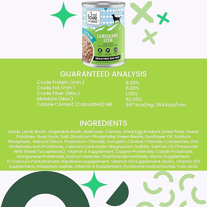 I and Love and You Wet Dog Food - Lambarama Stew - Lamb Recipe, Grain Free, Filler Free 13oz Can, 12pk