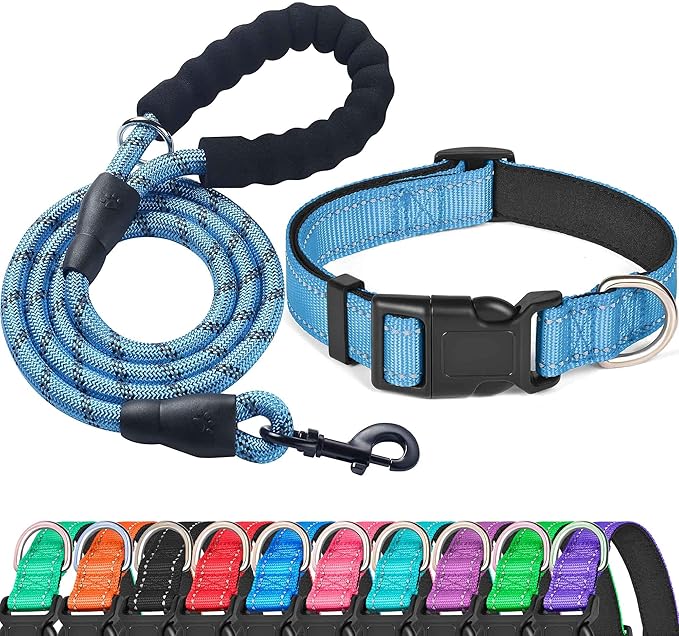 Ladoogo Reflective Dog Collar Padded with Soft Neoprene Breathable Adjustable Nylon Dog Collars for Small Medium Large Dogs (Medium (Pack of 1), Vivid Blue Collar+Leash)