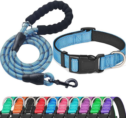 Ladoogo Reflective Dog Collar Padded with Soft Neoprene Breathable Adjustable Nylon Dog Collars for Small Medium Large Dogs (Medium (Pack of 1), Vivid Blue Collar+Leash)