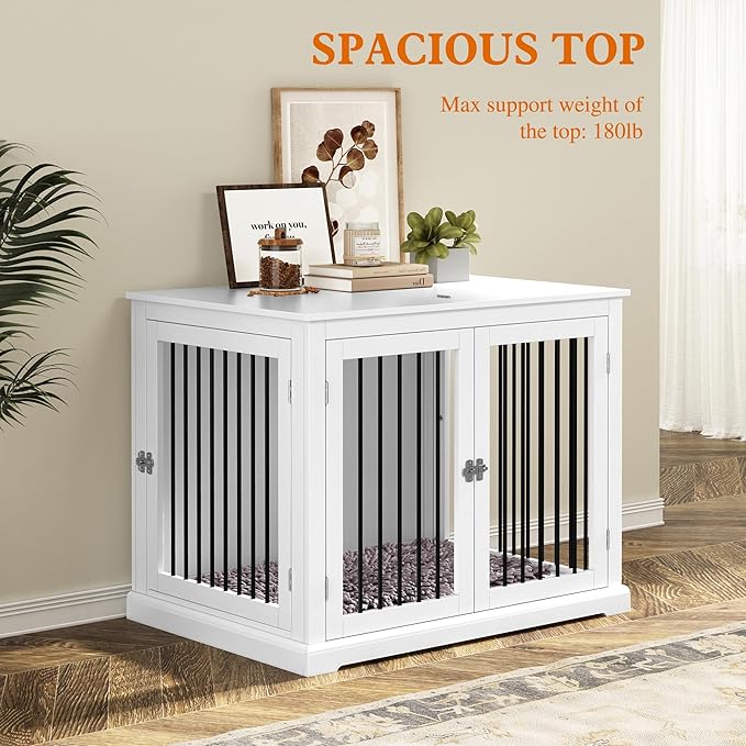 PUPETPO Dog Crate Furniture with Cushion, Dog Crate End Table Large, Indoor Dog Kennel, Dog House, Dog Cages for Large Dogs, Furniture Style Dog Crate with Flip-top, Chew-Proof Metal Bars, White
