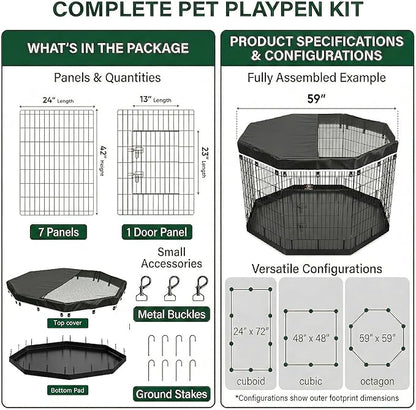 PJYuCien Dog Playpen with Top Cover and Bottom Pad - Metal Foldable Exercise Pen, 8 Panels 42" H x 24" W Indoor Outdoor Pet Fence Puppy Crate Kennel, Black