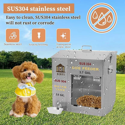 Xinyi Stainless Steel Dog Feeder and Waterer 2-in-1, Gravity Dog Feeder, Aluminum Alloy Water Cup, Automatic Feeder Waterpoof and Sturdy, Transparent Acrylic Observation Window, 3.7 Gallon