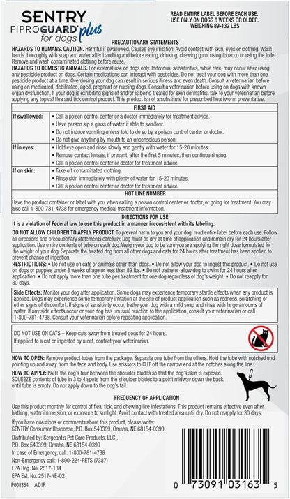 Sentry Fiproguard Plus for Dogs, Flea and Tick Prevention for Dogs (89-132 Pounds), Includes 3 Month Supply of Topical Flea Treatments