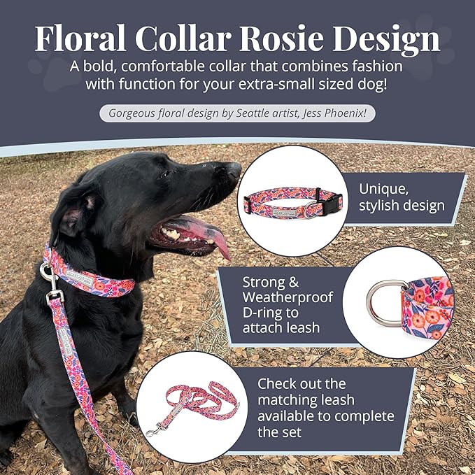 Lucky Love Dog - Adjustable Dog Collar with Easy Click Buckle for Small Ones, Durable, & Comfortable for Male & Female Dogs, Pet Collar for Puppies & Adult Dogs - Rosie, XS