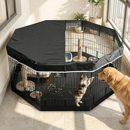 PJYuCien Dog Playpen with Top Cover and Bottom Pad - Metal Foldable Exercise Pen, 8 Panels 24" H x 24" W Indoor Outdoor Pet Fence Puppy Crate Kennel, Black