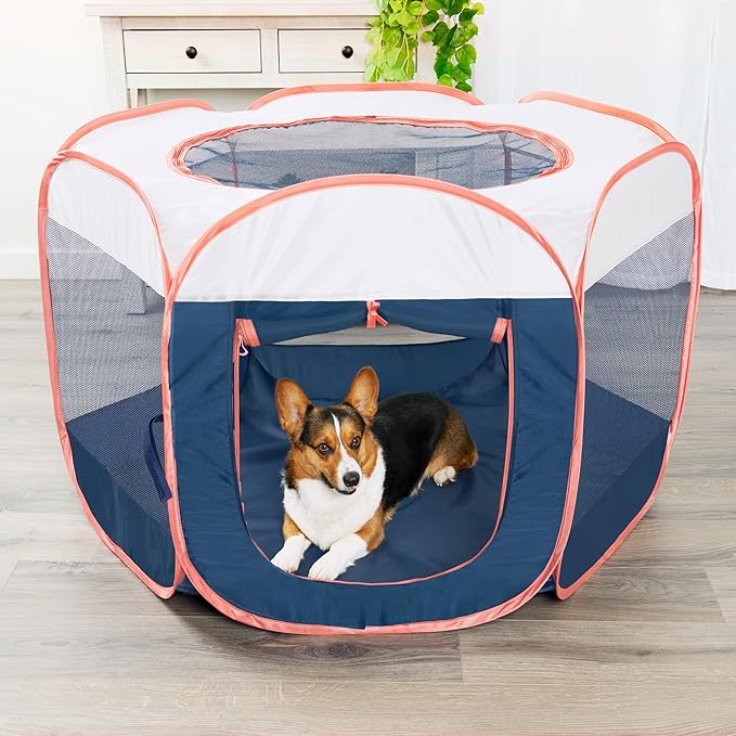 Furhaven Portable Playpen for Dogs and Cats, Pet Playground,Kennel Foldable Indoor Outdoor Zippered Puppy & Kitten Crate - Navy, Large
