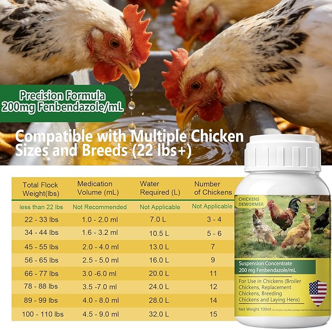 Dewormer for Chickens, Laying Hens, Poultry & More, Fenbendazole for Chickens Dewormer All Wormers,Tapeworms, Roundworms & Hookworms, 100ml（3.4 fl oz）