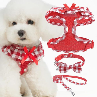 EXPAWLORER Cute Dog Harness Collar Leash Set - Red Girl Dog Harness Checkered Step-in Design, Detachable Bow Pet Collar, Adjustable No-Choke Lightweight Mesh Vest for Small Medium Dogs, M