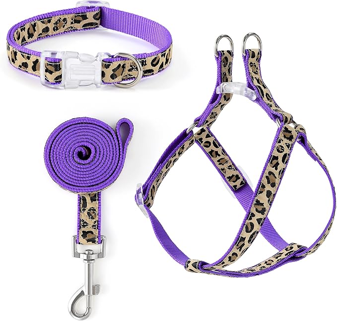 Mile High Life Leopard Dog Harness Collar Leash Set, Adjustable No Pull Dog Halter Harness for Small Breed Dogs, Easy Control for Training Walking (Black, XS Chest 9"-15", Neck 8"-12")