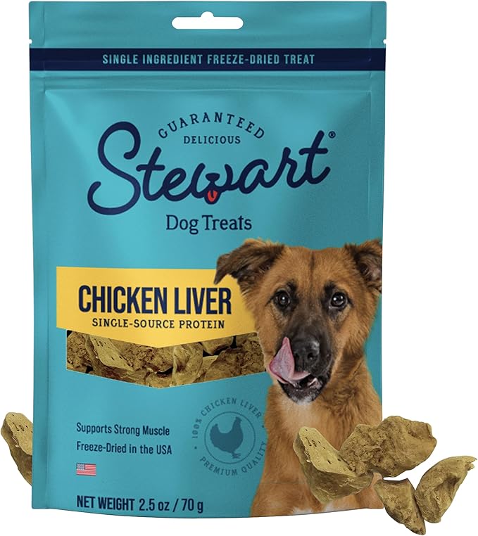 Stewart 100% Chicken Liver Dog Treats, 2.5 oz Pouch, ~45 Pieces, Freeze Dried Raw, Single Ingredient, 60% Protein Training Treats or Meal Topper, Grain Free, Gluten Free