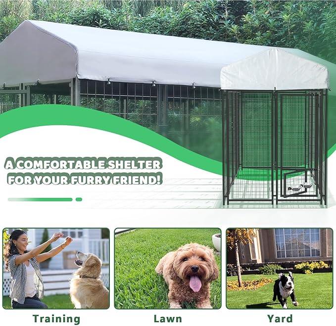 LEMBERI 8x4x6 FT Outdoor Dog Kennel for Large Dogs, Heavy Duty Welded Wire Steel Dog Playpen Fence with Secure Lock, Pet Pen with UV-Resistant Waterproof Roof Cover for Outside