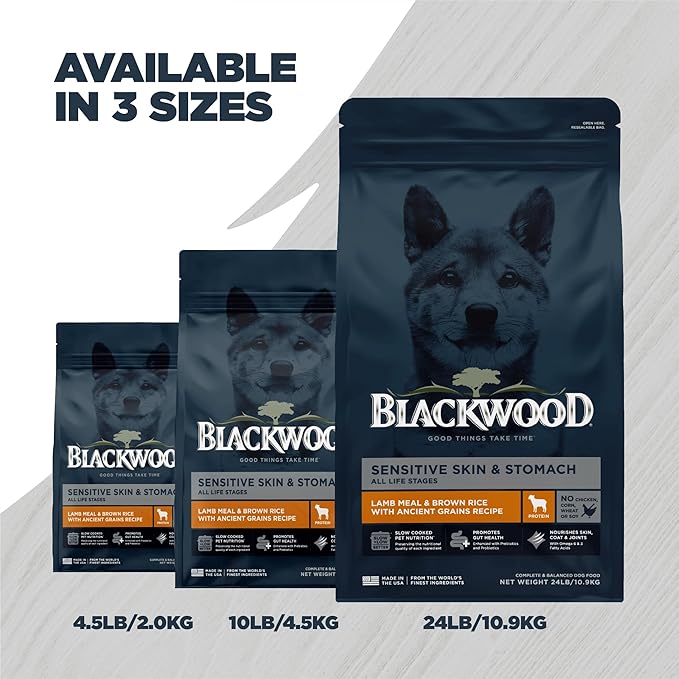 Blackwood Sensitive Skin & Stomach Dry Dog Food, Lamb Meal & Brown Rice with Ancient Grains, 4.5 Pound Bag with Prebiotics & Probiotics to Promote Gut Health