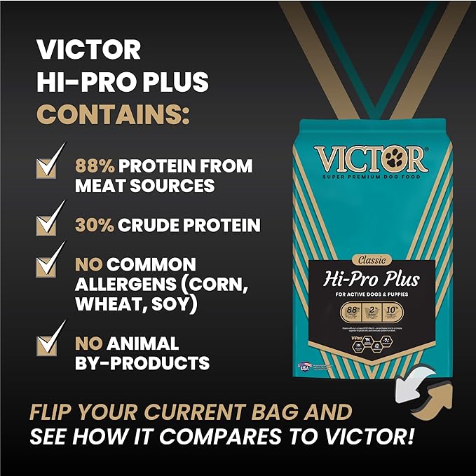 VICTOR Super Premium Dog Food – Hi-Pro Plus Dry Kibble – High Protein Dog Food with 30% Protein – Beef, Chicken, Pork, Fish Meals, Gluten Free - for High Energy and Active Dogs & Puppies, 5lbs