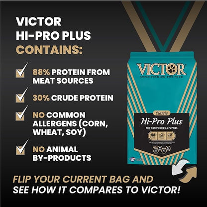 VICTOR Super Premium Dog Food – Hi-Pro Plus Dry Kibble – High Protein Dog Food with 30% Protein – Beef, Chicken, Pork, Fish Meals, Gluten Free - for High Energy and Active Dogs & Puppies, 5lbs