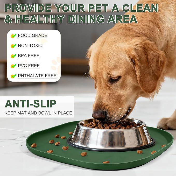 SMILOOL Small Silicone Pet Food Mat with Raised Edge for Food and Water Bowl, Square Dog Feeding Mats, Cat Food Trays for Floor Waterproof, Rubber Tray for Dogs and Cats, 12 x 12 x 0.7 Dark Olive