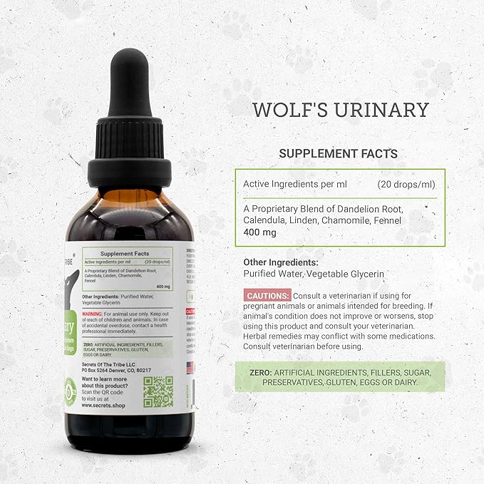 Wolf's Urinary | Natural Herbal Dietary Supplement for Dogs | Healthy Urinary System Support in Dogs | Alcohol-Free Extract, Dandelion Root, Calendula, Linden, Chamomile, Fennel 2 oz