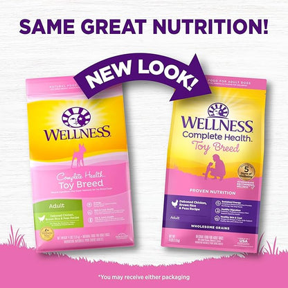 Wellness Complete Health Toy Breed Adult Dry Dog Food, Wholesome Grain Kibble, Natural, Chicken, Brown Rice, and Peas Recipe, 4 lb Bag