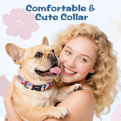 Kazazoo Dog Collar Cute and Soft Nylon Puppy Collar Girl, Adjustable Dog Collars for Small Medium Dogs, Blue and Pink Flowers-M