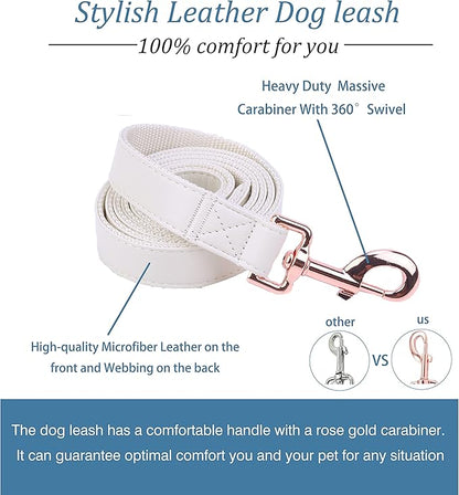 Dog Collar and Leash Set.Soft and Easy to Clean Vegan Leather with Rose Gold Metal Buckle for Small Medium Large Dogs (Off-White, S(12.2"-16.9"))