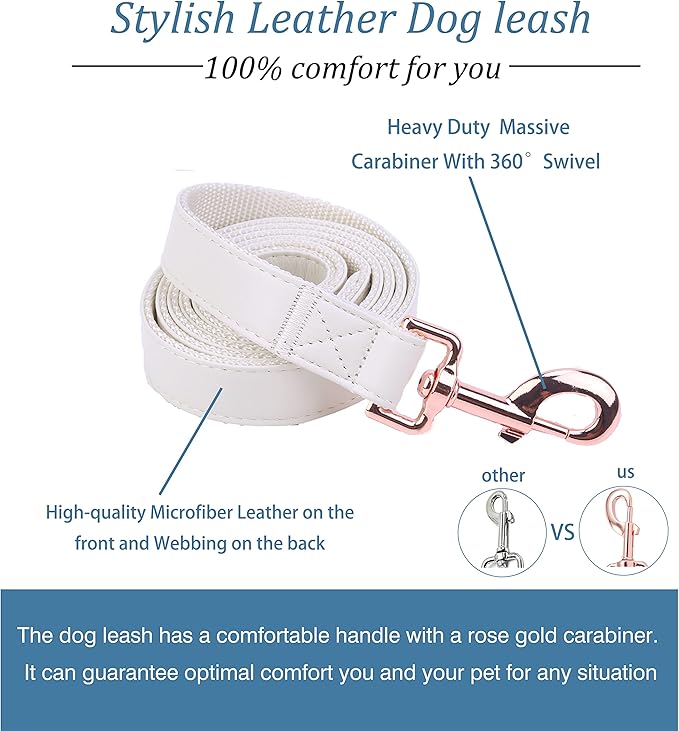 Dog Collar and Leash Set.Soft and Easy to Clean Vegan Leather with Rose Gold Metal Buckle for Small Medium Large Dogs (Off-White, L(15.4”-24.8“)
