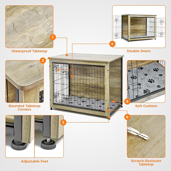 SHAWKEN Wooden & Metal Medium Dog Crate Furniture Indoor with Soft Cushion, Double-Door Dog House, 31.5" L Dog Kennel (Oak Grey, Medium)