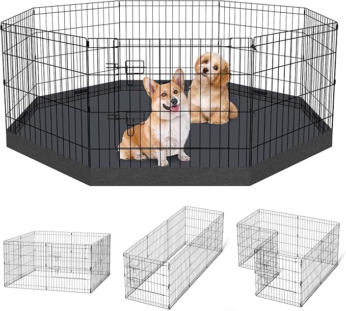 Dog Pen Pet Playpen Dog Fence Indoor Foldable Metal Wire Exercise Puppy Play Yard Pet Enclosure Indoor Outdoor 8 Panels 24 Inch with Bottom Pad/Top Cover (Black with Bottom pad)