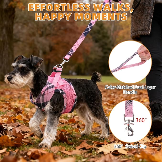 KOOLTAIL Dog Harness and Leash Set, Cute Pink Girl Dog Harness Medium Sized Dog, Step in No Pull Soft Mesh Pet Vest Harness Collar for Dogs Cats, Plaid Puppy Halters for Outdoor Walking, Pink M