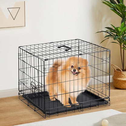 Sweetcrispy 24 Inch Single Door Dog Crate, Metal Pet Kennel with Secure Lock, Foldable Design, Removable Tray for Easy Cleaning, Portable Puppy Cage for Small Dogs, Ideal for Training & Travel