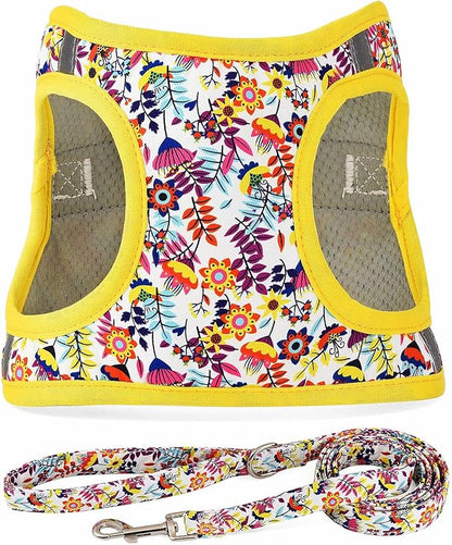 Moonpet Step in Dog Harness Leash Set- All Weather Reflective No-Pull Floral Pattern Padded Mesh Vest Harness for Cats Puppy Extra-Small Small Medium Large Dogs - White Flower - XL