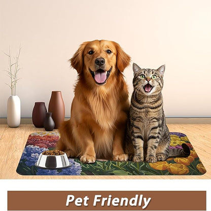 Tulip Lavender Pet Feeding Mat,Vintage Flower Fields Absorbent Quick-Dry Cat Dog Food and Water Bowl Mats,Non-Slip Rubber Backing Mat,Cat Dog Accessories Supplies 12"x20"