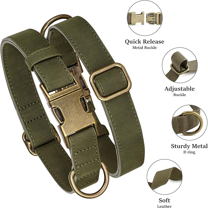 Didog Soft PU Leather Dog Collar, Stylish Quick Released Dog Collars for Large Dogs, Easy Clean Adjustable Pet Collar for Daily Walking, Dark Green, XL Fit 20-26" Neck