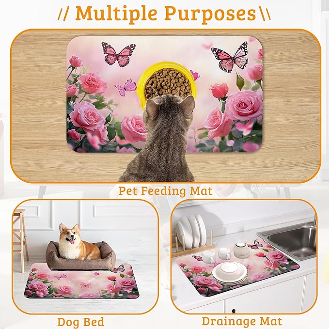 Rose Pink Dog Cat Food Mat,Butterfly Absorbent Waterproof Placemat for Food and Water Non Slip Rubber Backing Durable Feeding Pad for Clean Floors 12" x 20"