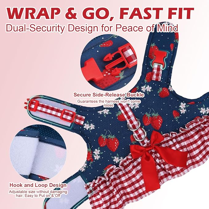 EXPAWLORER Dog Harness Small Medium Sized Dogs, Plaid Dog Dress Bowknot Harness and Leash Set, No Choke No Pull Soft Mesh Vest Cute Princess Puppy Outfits Clothes Costume for Girls Party Cats Navy M
