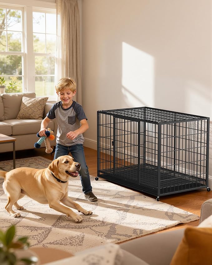 HIWOKK 48 Inch Large Dog Crate, Escape Proof Dog Cage with Dual Door Lock and Swivel Casters,Removable Tray for Easy Cleaning, Dog Kennel Indoor Outdoor Use