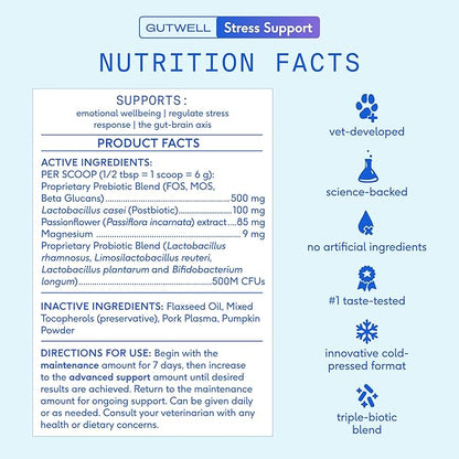 Native Pet GutWell Stress Support - Dog Anxiety Relief & Calming Supplement - Promotes Emotional Wellbeing, Regulates Stress Response & Balances Gut-Brain Axis - Triple-Biotic & Magnesium - 60 Scoops