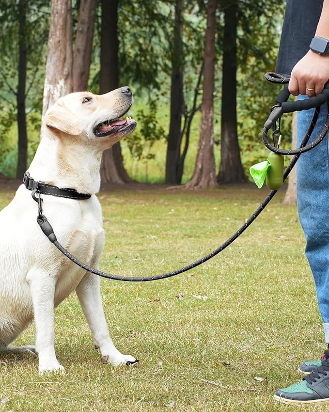 Dynmeow Reflective Dog Collar and Leash Set, 6FT Strong Climbing Rope Leash with Padded Handle, Adjustable Pet Collar with Soft Neoprene Padding for Medium Large Dogs, Black, M
