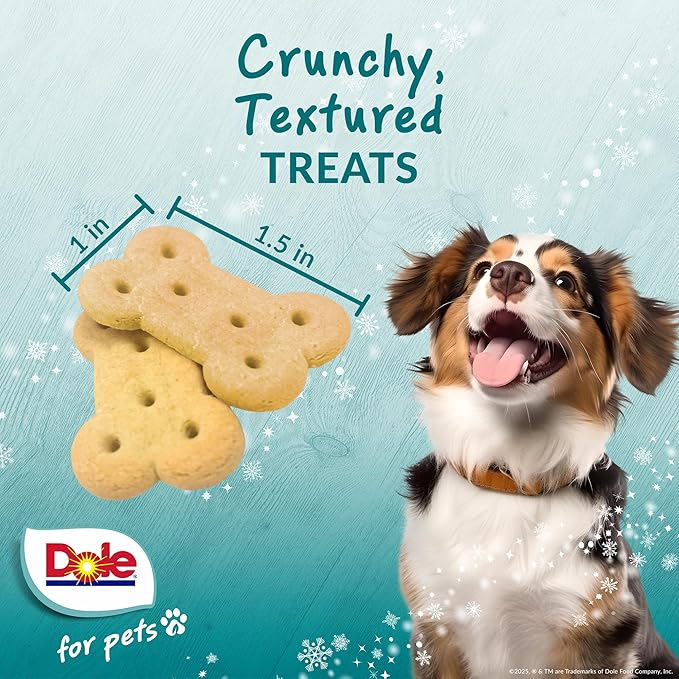 Dole for Pets Dog Biscuits Banana Blizzard Winter Flavor, Real Fruit Flavor Vegan Crunchy Treats, No Wheat Corn Soy or Artificial Additives, Bite Size Training Snacks for Dogs, 7 Oz