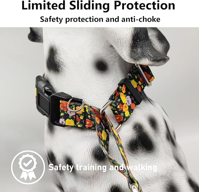 Martingale No Pull Collar with Buckle Adjustable Nylon Slip Collar for Dogs Training Walking (Orange Floral, Small)